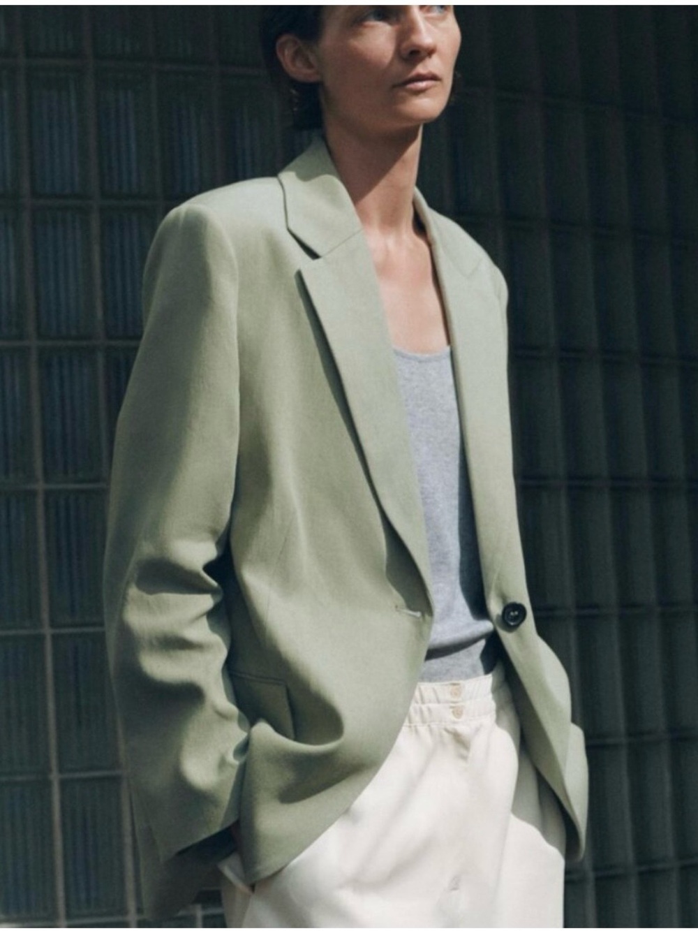 ZARA Sage Green Single Button Linen Blend Blazer Suit Jacket Size S